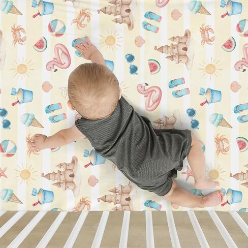 Summer Beach Seaside Baby Crib Sheets for Boy Girl 52x28Inch Ice Cream Sand Flamingo Sun Soft Snug Fitted Crib Mattress Cover Boho Travel Vacation Baby Sheet for Standard Crib & Toddler Bed Mattress in Saudi Arabia