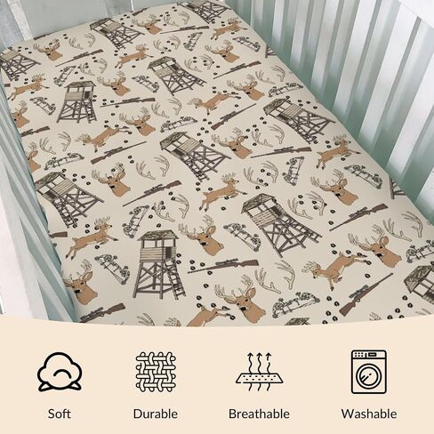 Deer Hunting Baby Crib Sheets Hunter Tree Stand Soft Breathable Baby Sheets Wild Animals Hunter Fitted Crib Mattress Cover for Standard Mattress 28x52in in Kuwait