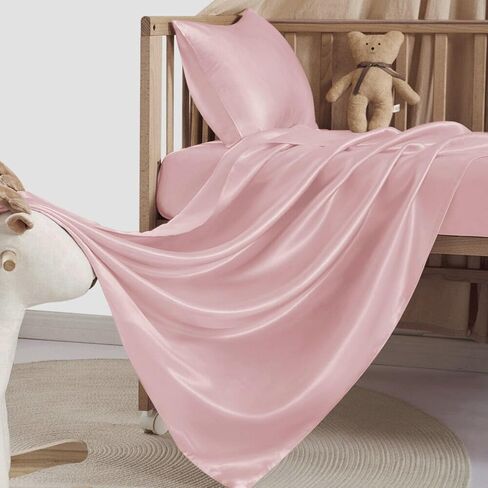 ملاءات سرير أطفال من الحرير العضوي للأطفال - 22 Momme Mulberry Silk، مضادة للحساسية، مجموعة ملاءات سرير مناسبة للأطفال البنات والصبيان، معتمدة من Oeko-Tex، ناعمة على شعر الطفل، حرير طبيعي (ليس ساتان) (وردي) in Kuwait