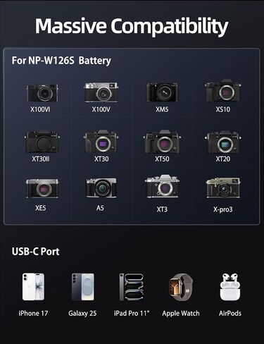 llano 2-Pack 1050mAh NP-W126 NP-W126S بطاريات وشاحن بطارية 4 في 1 لـ Fujifilm X100VI X100V XM5 XT50 XT30 XT30 II XE4/5، شحن سريع 20 وات، بنك طاقة مدمج 10400 مللي أمبير في الساعة، قارئ بطاقات USB 3.2 in Kuwait