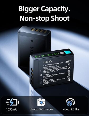 llano 2-Pack 1050mAh NP-W126 NP-W126S بطاريات وشاحن بطارية 4 في 1 لـ Fujifilm X100VI X100V XM5 XT50 XT30 XT30 II XE4/5، شحن سريع 20 وات، بنك طاقة مدمج 10400 مللي أمبير في الساعة، قارئ بطاقات USB 3.2 in Kuwait