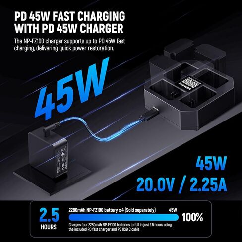 شاحن USB NEEWER 4 قنوات لبطارية كاميرا NP-FZ100 متوافقة مع Sony A7IV A9iii A1 A7RV A7Cii A6700 ZV-E1 FX3 FX30، شحن سريع 45 وات PD مع شاحن سريع PD 45 وات، عرض البطارية، NW-Z4 in Kuwait