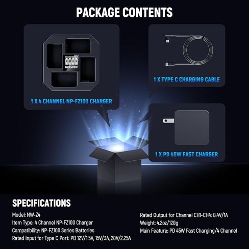 شاحن USB NEEWER 4 قنوات لبطارية كاميرا NP-FZ100 متوافقة مع Sony A7IV A9iii A1 A7RV A7Cii A6700 ZV-E1 FX3 FX30، شحن سريع 45 وات PD مع شاحن سريع PD 45 وات، عرض البطارية، NW-Z4 in Kuwait