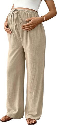 MakeMeChic Women's Maternity Linen Pants High Waist Tie Front Wide Leg Pregnancy Trousers in Saudi Arabia