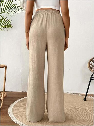 MakeMeChic Women's Maternity Linen Pants High Waist Tie Front Wide Leg Pregnancy Trousers in Saudi Arabia