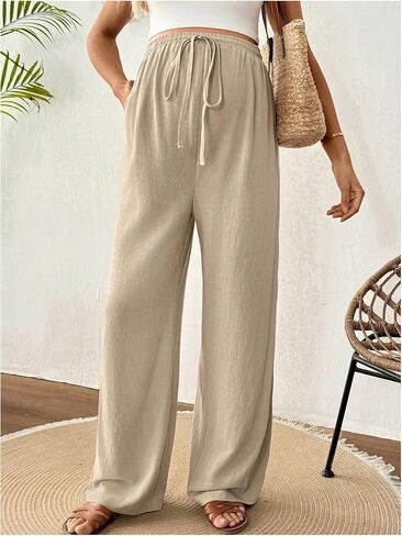 MakeMeChic Women's Maternity Linen Pants High Waist Tie Front Wide Leg Pregnancy Trousers in Saudi Arabia