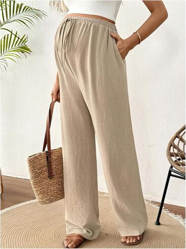 MakeMeChic Women's Maternity Linen Pants High Waist Tie Front Wide Leg Pregnancy Trousers in Saudi Arabia
