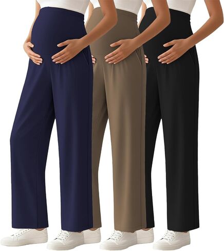 Ecavus 3-Pack سراويل الأمومة النسائية فوق البطن سراويل بالازو الناعمة للاستراحة تمتد واسعة الساق سراويل الحمل مع جيوب in Kuwait