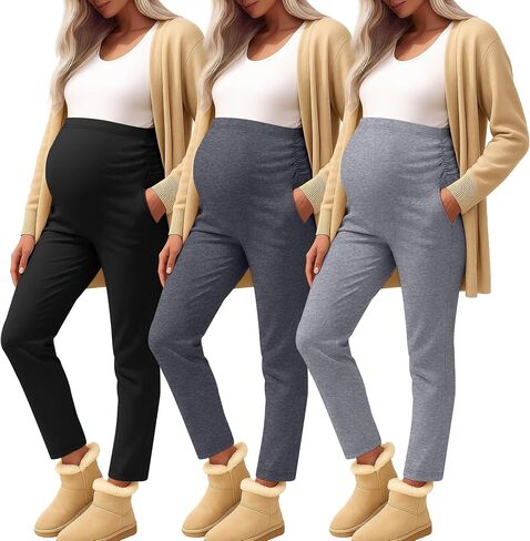 3 Pack Women's Maternity Pants | Pregnancy Leggings, Over The Belly, Wide Waist, Pocket, Ruched, Work Casual Trouser, Office, Travel in Saudi Arabia