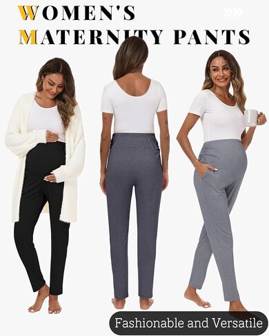 3 Pack Women's Maternity Pants | Pregnancy Leggings, Over The Belly, Wide Waist, Pocket, Ruched, Work Casual Trouser, Office, Travel in Saudi Arabia