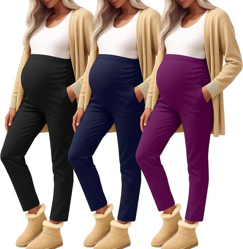 3 Pack Women's Maternity Pants Over The Belly Pregnancy Wide Waist Pants Pocket Side Ruched Work Casual Trousers in Saudi Arabia