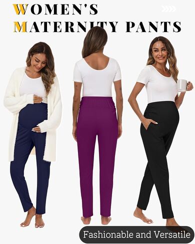 3 Pack Women's Maternity Pants Over The Belly Pregnancy Wide Waist Pants Pocket Side Ruched Work Casual Trousers in Saudi Arabia