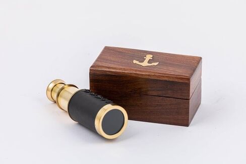 Vintage Brass Telescope with Wooden Storage Box, Decorative Nautical Maritime Spyglass, Antique Style Collectible 6 inch in Saudi Arabia