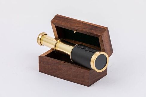Vintage Brass Telescope with Wooden Storage Box, Decorative Nautical Maritime Spyglass, Antique Style Collectible 6 inch in Saudi Arabia