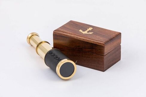 Vintage Brass Telescope with Wooden Storage Box, Decorative Nautical Maritime Spyglass, Antique Style Collectible 6 inch in Saudi Arabia