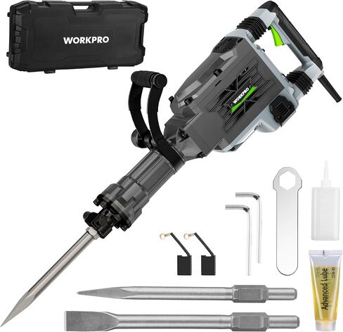 مطرقة جاك الهدم WORKPRO 60J - قاطع خرسانة كهربائي شديد التحمل 15 أمبير، مطرقة ثقب صناعية 1900 نبضة في الدقيقة مع 2 أزاميل HEX30، قابس UL، حقيبة حمل بعجلات للبناء والتجديد in Saudi Arabia