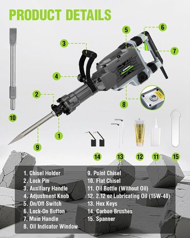 مطرقة جاك الهدم WORKPRO 60J - قاطع خرسانة كهربائي شديد التحمل 15 أمبير، مطرقة ثقب صناعية 1900 نبضة في الدقيقة مع 2 أزاميل HEX30، قابس UL، حقيبة حمل بعجلات للبناء والتجديد in Saudi Arabia