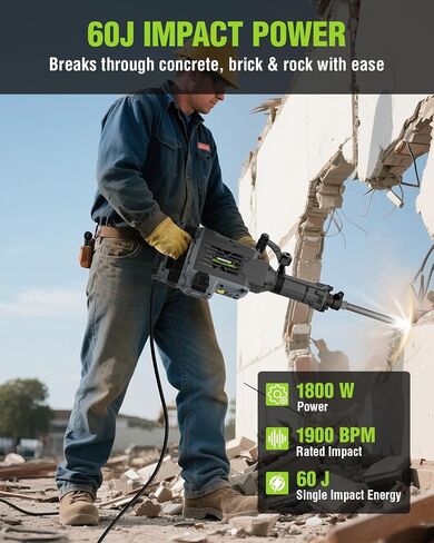 مطرقة جاك الهدم WORKPRO 60J - قاطع خرسانة كهربائي شديد التحمل 15 أمبير، مطرقة ثقب صناعية 1900 نبضة في الدقيقة مع 2 أزاميل HEX30، قابس UL، حقيبة حمل بعجلات للبناء والتجديد in Saudi Arabia