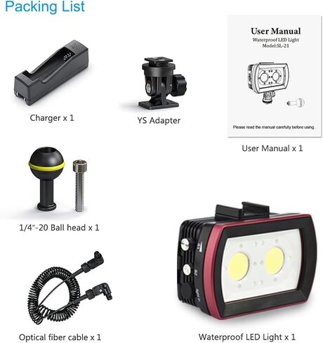 مصباح فيديو LED للغوص، مصباح غوص SL-21 متوافق مع Gopro، مصباح يدوي مقاوم للماء بطول 130 قدم/40 متر باللون الأبيض والأحمر والأزرق، ومصابيح ملء الكاميرا تحت الماء 3500 لومن مع محول YS برأس كروي in Kuwait