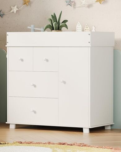 Baby Changing Table Dresser with 5 Drawers, Modern Nursery Dresser with an Open Storage Space, Diaper Changing Station for Bedroom, Kids Room, Baby Room, White in Saudi Arabia