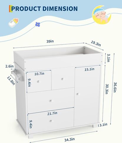 Baby Changing Table Dresser with 5 Drawers, Modern Nursery Dresser with an Open Storage Space, Diaper Changing Station for Bedroom, Kids Room, Baby Room, White in Saudi Arabia