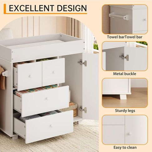 Baby Changing Table Dresser with 5 Drawers, Modern Nursery Dresser with an Open Storage Space, Diaper Changing Station for Bedroom, Kids Room, Baby Room, White in Saudi Arabia