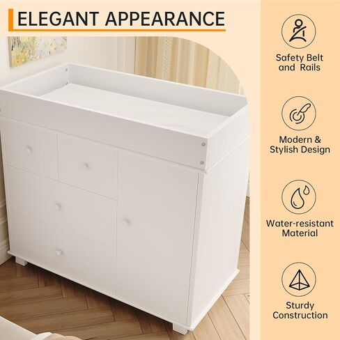 Baby Changing Table Dresser with 5 Drawers, Modern Nursery Dresser with an Open Storage Space, Diaper Changing Station for Bedroom, Kids Room, Baby Room, White in Saudi Arabia