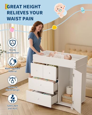 Baby Changing Table Dresser with 5 Drawers, Modern Nursery Dresser with an Open Storage Space, Diaper Changing Station for Bedroom, Kids Room, Baby Room, White in Saudi Arabia