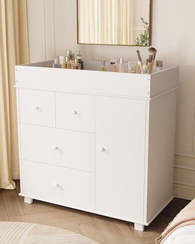 Baby Changing Table Dresser with 5 Drawers, Modern Nursery Dresser with an Open Storage Space, Diaper Changing Station for Bedroom, Kids Room, Baby Room, White in Saudi Arabia