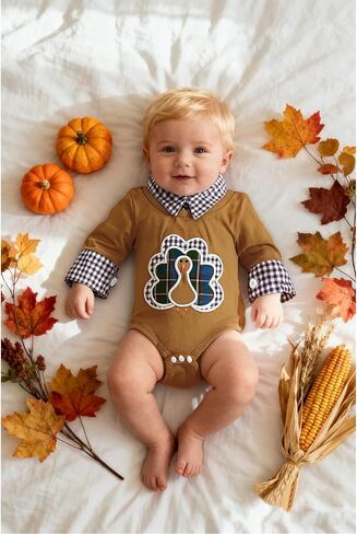 CM C&M WODRO Infant Baby Boy Thanksgiving Outfit Turkey Embroidery Onesie Long Sleeve Collared Bodysuit Romper Fall Clothes in Saudi Arabia