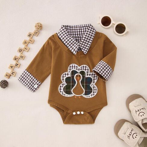 CM C&M WODRO Infant Baby Boy Thanksgiving Outfit Turkey Embroidery Onesie Long Sleeve Collared Bodysuit Romper Fall Clothes in Saudi Arabia