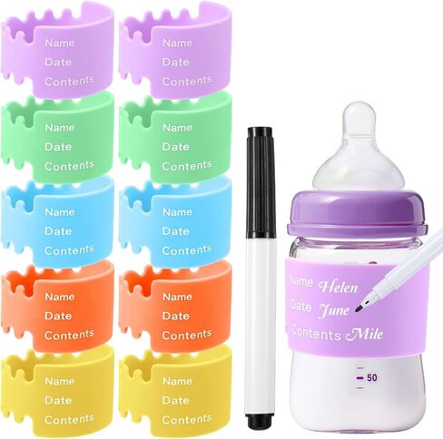 10pcs Bottle Labels Reusable Baby Name Date Bands Daycare Waterproof Bottle Bands Silicone Writable Water Bottles Labels Anti-Slip with Marker 5 Colors for Essentials in Saudi Arabia