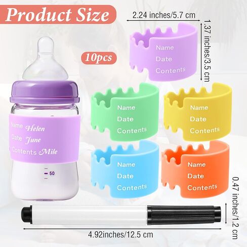 10pcs Bottle Labels Reusable Baby Name Date Bands Daycare Waterproof Bottle Bands Silicone Writable Water Bottles Labels Anti-Slip with Marker 5 Colors for Essentials in Saudi Arabia