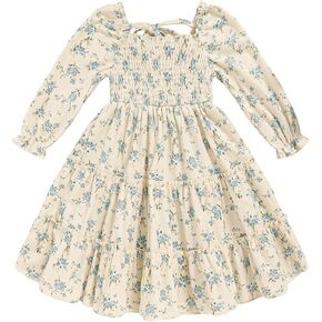 Toddler Girl Dress Long Sleeve Baby Floral Smocked Square Neck Playwear Dress | Spring Fall Casual Dresses 1-6Y in Kuwait