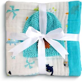 Baby Blanket, 100% Soft Cotton, Dinosaur Print, Gift Set Includes Baby Blanket and Baby hat, Aqua in Saudi Arabia