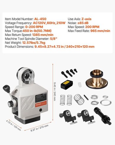 تغذية الطاقة من VEVOR Z-Axis، وحدة تغذية مطحنة الطاولة الكهربائية لآلات الطحن، سرعة قابلة للتعديل 0-200 دورة في الدقيقة، عزم دوران 450 رطل، تغذية طاولة 120 فولت لبريدجبورت والمطاحن من نوع الركبة مع قطر عمود نهاية 5/8 بوصة in Kuwait