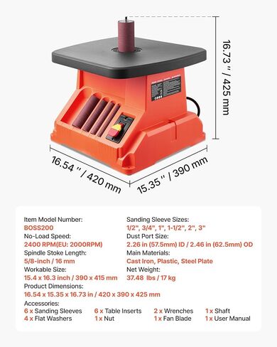 VEVOR Oscillating Spindle Sander, 2400RPM Benchtop Spindle Sander with 6 Sleeves (1/2"-3"), 5/8" Stroke & 15.4 x 16.3-inch Wide Worktable for Furniture Finishing, Crafts Sanding, DIY Woodworking in Saudi Arabia