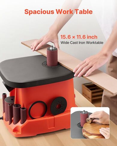 VEVOR Oscillating Spindle Sander, 2400RPM Benchtop Spindle Sander with 6 Sleeves (1/2"-3"), 5/8" Stroke, 15.6" x 11.6" Cast Iron Worktable for Furniture Finishing, Crafts Sanding, DIY Woodworking in Saudi Arabia