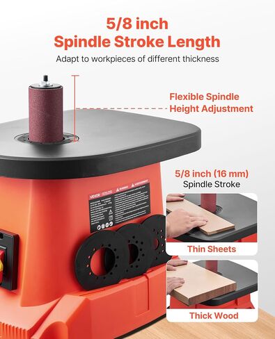 VEVOR Oscillating Spindle Sander, 2400RPM Benchtop Spindle Sander with 6 Sleeves (1/2"-3"), 5/8" Stroke, 15.6" x 11.6" Cast Iron Worktable for Furniture Finishing, Crafts Sanding, DIY Woodworking in Saudi Arabia