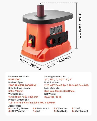VEVOR Oscillating Spindle Sander, 2400RPM Benchtop Spindle Sander with 6 Sleeves (1/2"-3"), 5/8" Stroke, 15.6" x 11.6" Cast Iron Worktable for Furniture Finishing, Crafts Sanding, DIY Woodworking in Saudi Arabia