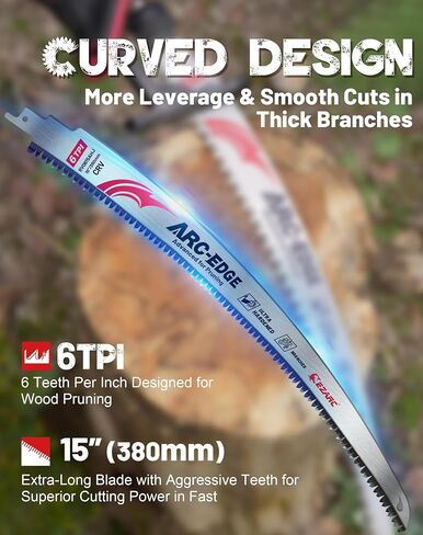 EZARC Arc Edge Reciprocating Saw Blades, 15-Inch 6TPI for Pruning, 3-Pack | Extra-Long Arc Edge, Japanese Teeth, Fleam Ground Teeth, Deep Gullets, Up to 3x Life, for Tree Trimming, Larger Branches in Kuwait