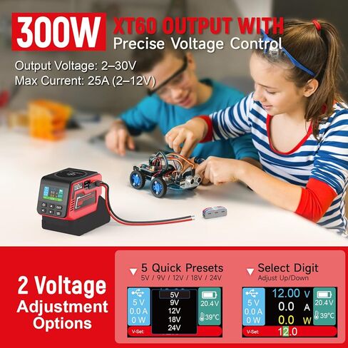 300W Adjustable DC 2–30V Voltage Regulator Compatible with Milwaukee 18V Battery XT60 Output, 100W Type-C, 18W USB-A, 15W Wireless Charger, LCD Display (Battery Not Included) in Kuwait