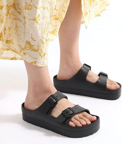 Women's Platform Sandals with Arch Support, Chunky Lightweight Foam Slip on Slides, Comfortable Summer Beach Sandals with Adjustable Buckle in Kuwait