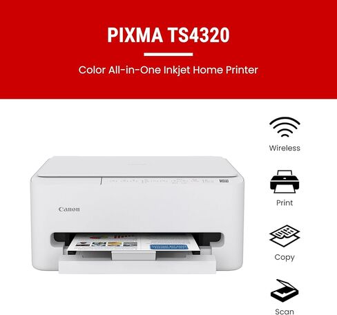 طابعة نفث الحبر الملونة اللاسلكية Canon PIXMA TS4320 للطباعة على الوجهين، باللون الأبيض - طابعة منزلية فعالة من حيث التكلفة مع ناسخة/ماسح ضوئي، تصميم مضغوط، إعداد سهل، ضمان محدود لمدة عام in Kuwait