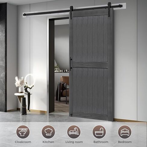 S&Z TOPHAND® 36in x 84in MDF Barn Door مع طقم أدوات باب منزلق 6.6FT، لوح باب الحظيرة الصلب مقاس 24-60in مغطى بسطح PVC مقاوم للماء، يلزم تجميع بسيط in Kuwait