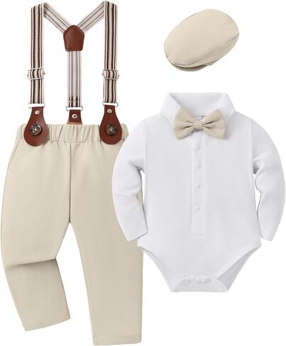 YUEMION Baby Boy Clothes Wedding Outfit Infant Tuxedo Gentleman Suits Dress Shirt+ Beret Hat +Suspender Pants +Bowtie 0-18M in Kuwait
