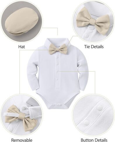 YUEMION Baby Boy Clothes Wedding Outfit Infant Tuxedo Gentleman Suits Dress Shirt+ Beret Hat +Suspender Pants +Bowtie 0-18M in Kuwait