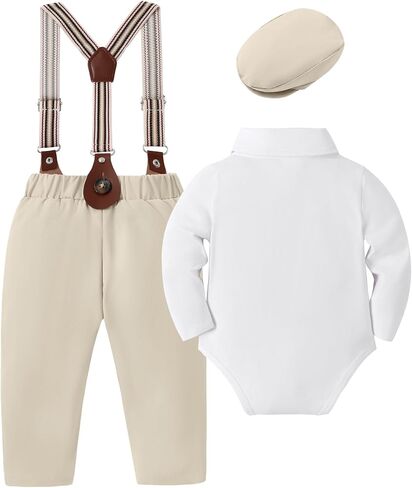YUEMION Baby Boy Clothes Wedding Outfit Infant Tuxedo Gentleman Suits Dress Shirt+ Beret Hat +Suspender Pants +Bowtie 0-18M in Kuwait