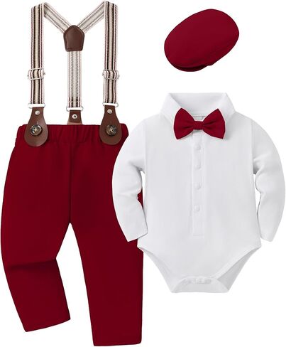 YUEMION Baby Boy Clothes Wedding Outfit Infant Tuxedo Gentleman Suits Dress Shirt+ Beret Hat +Suspender Pants +Bowtie 0-18M in Kuwait