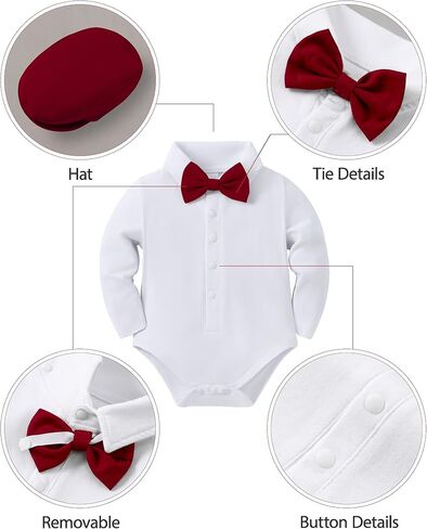 YUEMION Baby Boy Clothes Wedding Outfit Infant Tuxedo Gentleman Suits Dress Shirt+ Beret Hat +Suspender Pants +Bowtie 0-18M in Kuwait